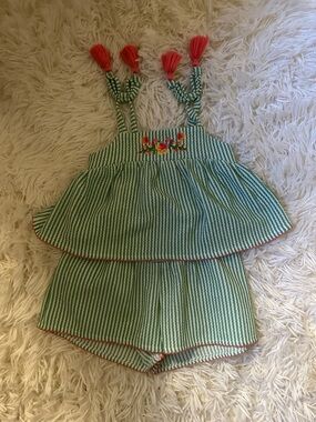 Bonnie Baby Green Stripe Two-Piece Set with Pink Tassels ( top and shorts )